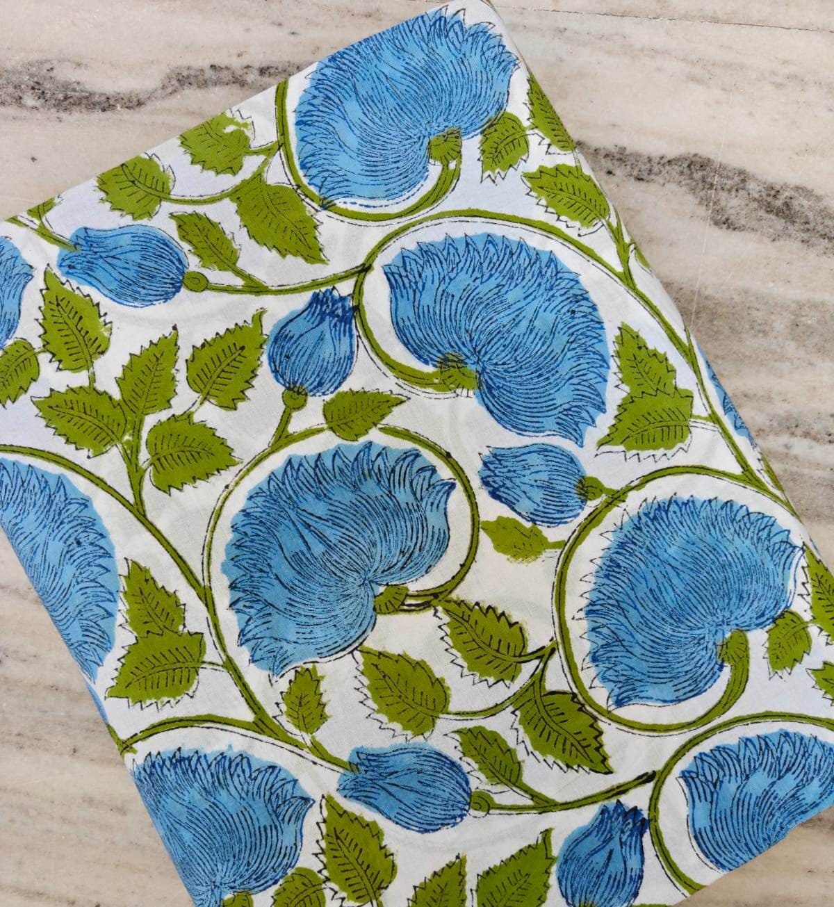 Blue Floral Cotton Fabric, Hand Block Print Indian Cotton White Background with Green Vines Quilting, Dressmaking & Craft Fabric by the Yard