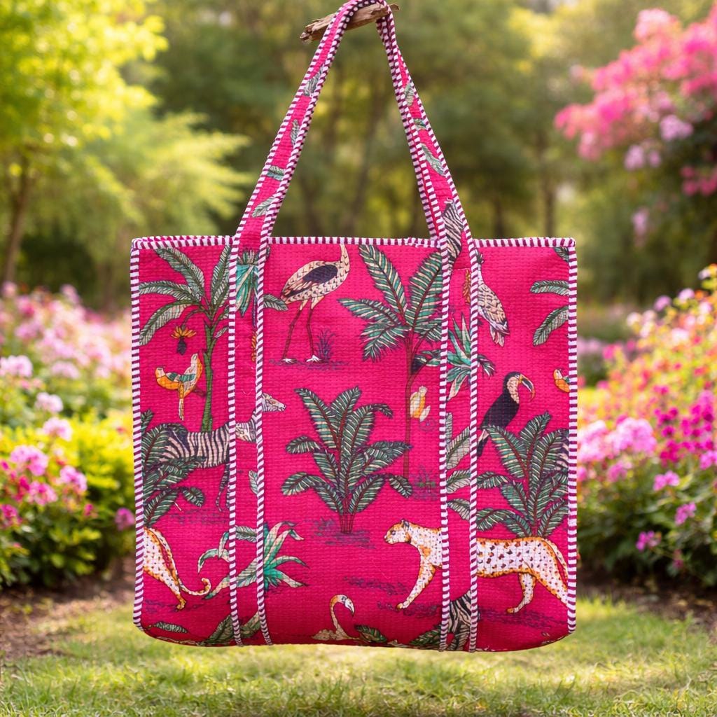 Pink Jungle Print Quilted Tote Bag, Handmade Cotton Block Print Shoulder Bag, Large Fabric Shopper, Reusable Market Bag, Safari Animal Tote