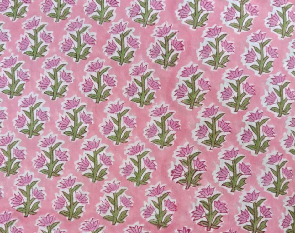 Pink Floral Hand Block Print Cotton Fabric – Indian Buti Print Fabric by the Yard – Soft Lightweight Cotton for Dressmaking & Quilting