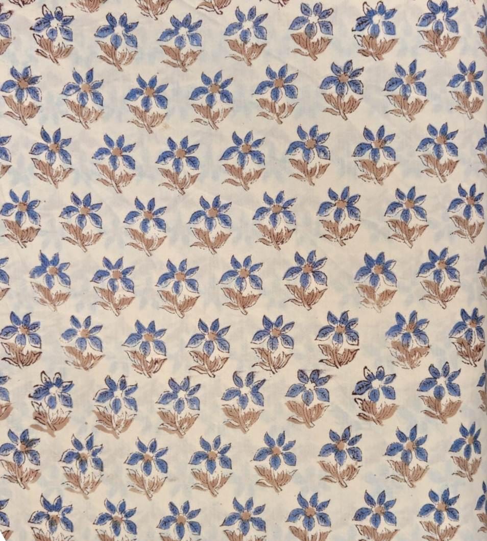 Blue Floral Cotton Fabric, Small Flower Block Print Fabric, Beige Cotton Fabric by the Yard, Vintage Floral Fabric for Sewing Dress & Crafts