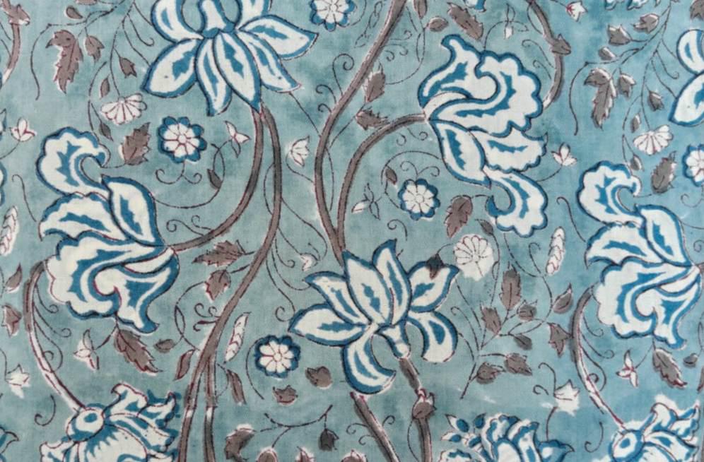 Blue Floral Cotton Fabric by the Yard, Indian Hand Block Print Cotton, Vintage Boho Floral Sewing Fabric, Quilting Dressmaking