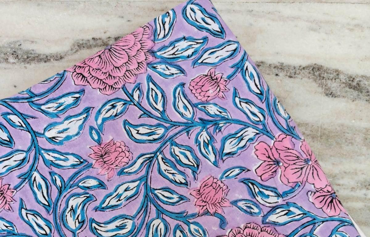 Pink Purple Designer Hand Block Print Fabric, Floral 100% Cotton Quilting Fabric By The Yard, Fabric For Dress Making, Loose Running Fabric