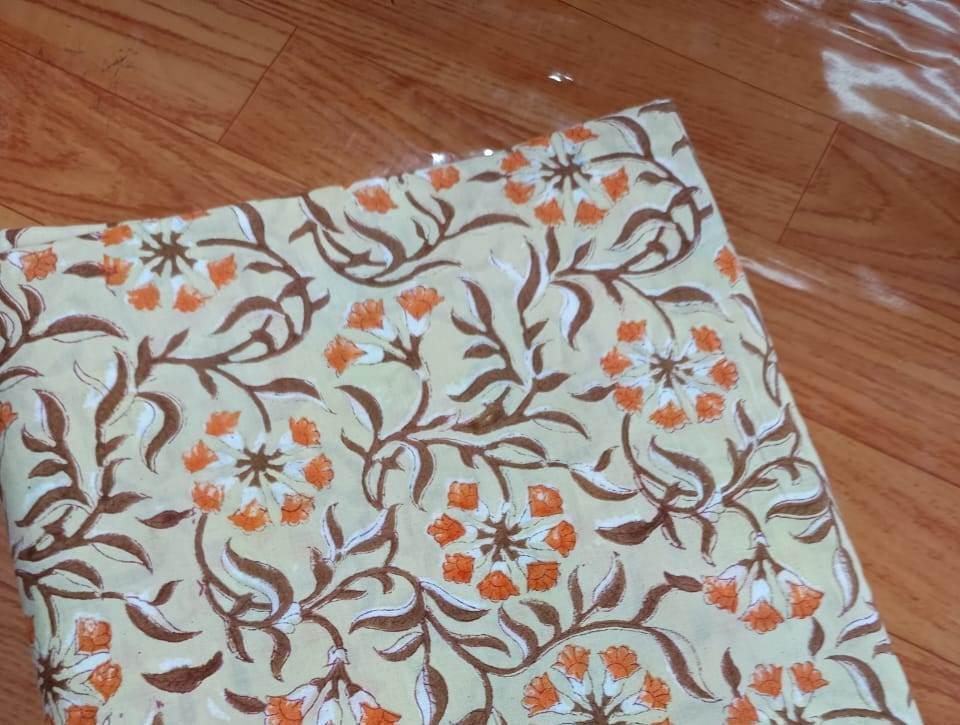 Green Orange Floral Quilting Fabric, Soft Cotton, Indian Hand Block Print Fabric, 100% Cotton Fabric By The Yard, Fabric for Loose Running