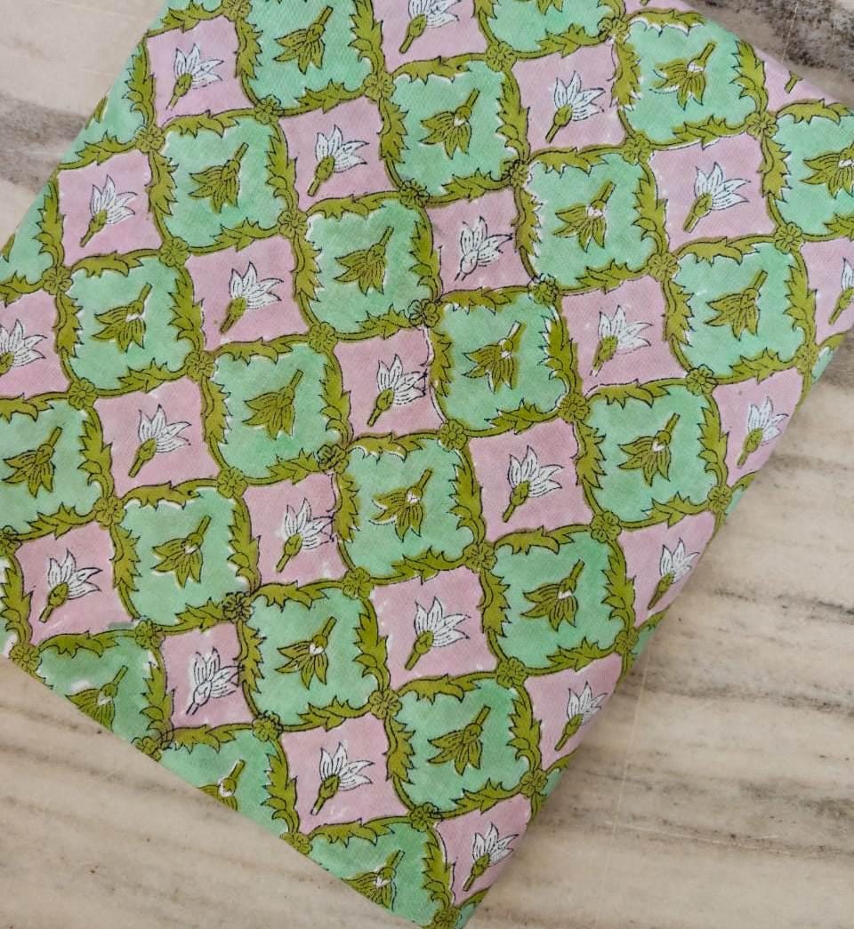 Pastel Floral Block Print Cotton Fabric, Pink Mint Green Indian Hand Block Print Fabric by Yard, Boho Cotton Fabric Quilting Dressmaking