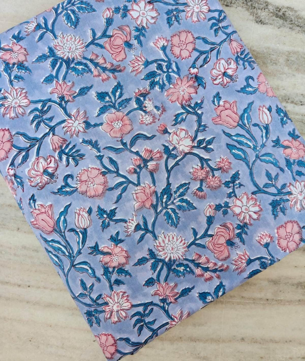 Blue Floral Cotton Fabric, Indian Block Print Fabric, Pink Flower Cotton Fabric, Botanical Vine Fabric, Quilting Fabric, Dressmaking Cotton