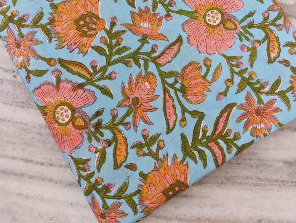 Lightweight Floral Cotton Fabric, Pink Hand Block Print on Blue Soft Indian Cotton Fabric by the Yard Quilting, Dressmaking, Sewing