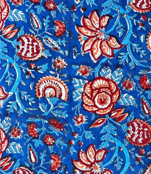 Blue Floral Cotton Fabric by Yard, Indian Block Print Cotton Cloth, Handmade Sewing Quilting Dressmaking Fabric, Running Cotton Fabric