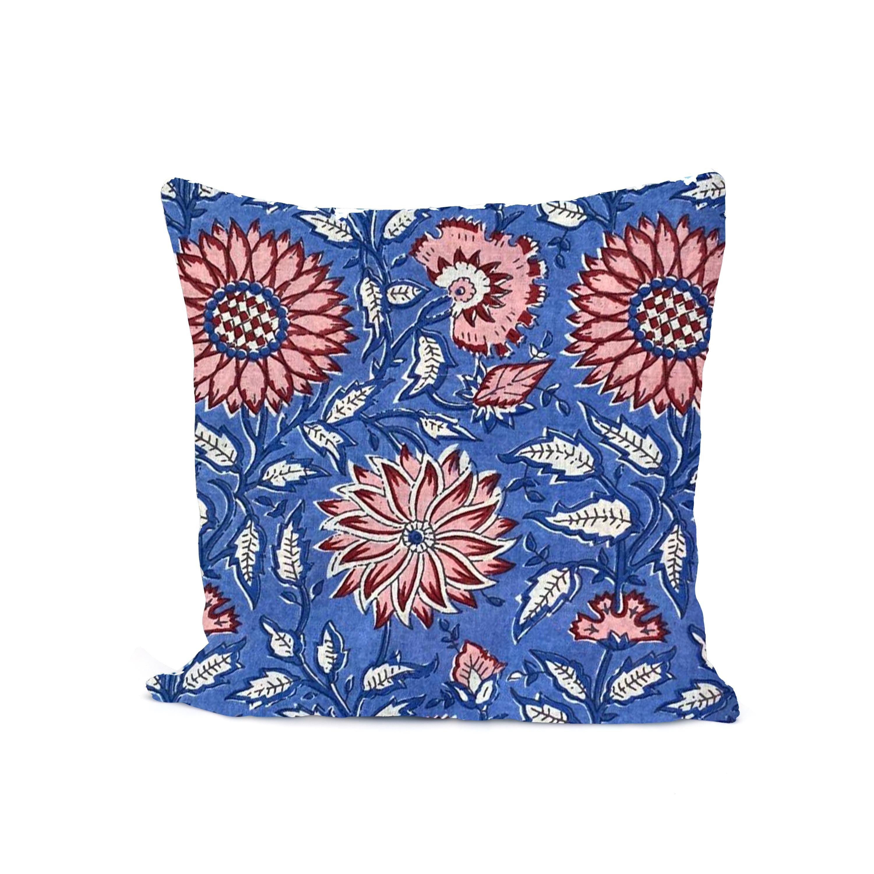 Blue Floral Cushion Cover, Indian Block Print Pillow Cover, Red Pink Flower Throw Pillow, Boho Cottagecore Home Decor, Vintage Cushion Cover
