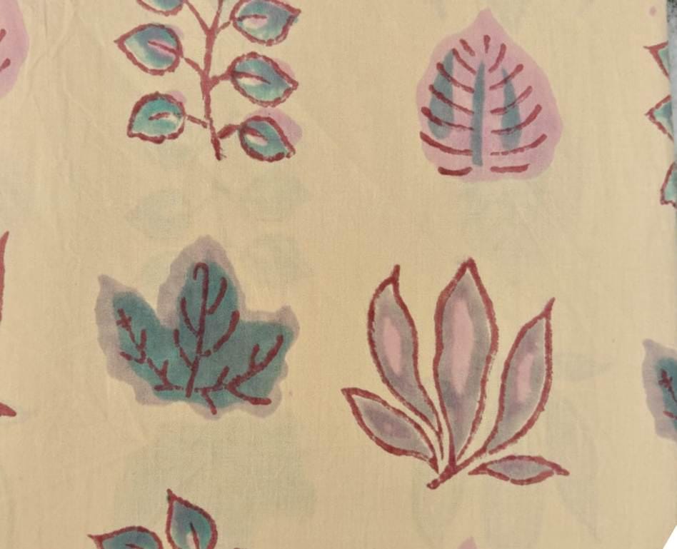 Beige Botanical Cotton Fabric by the Yard – Hand Block Print Leaf Fabric – Indian Cotton for Quilting & Dressmaking, Handmade Fabrics