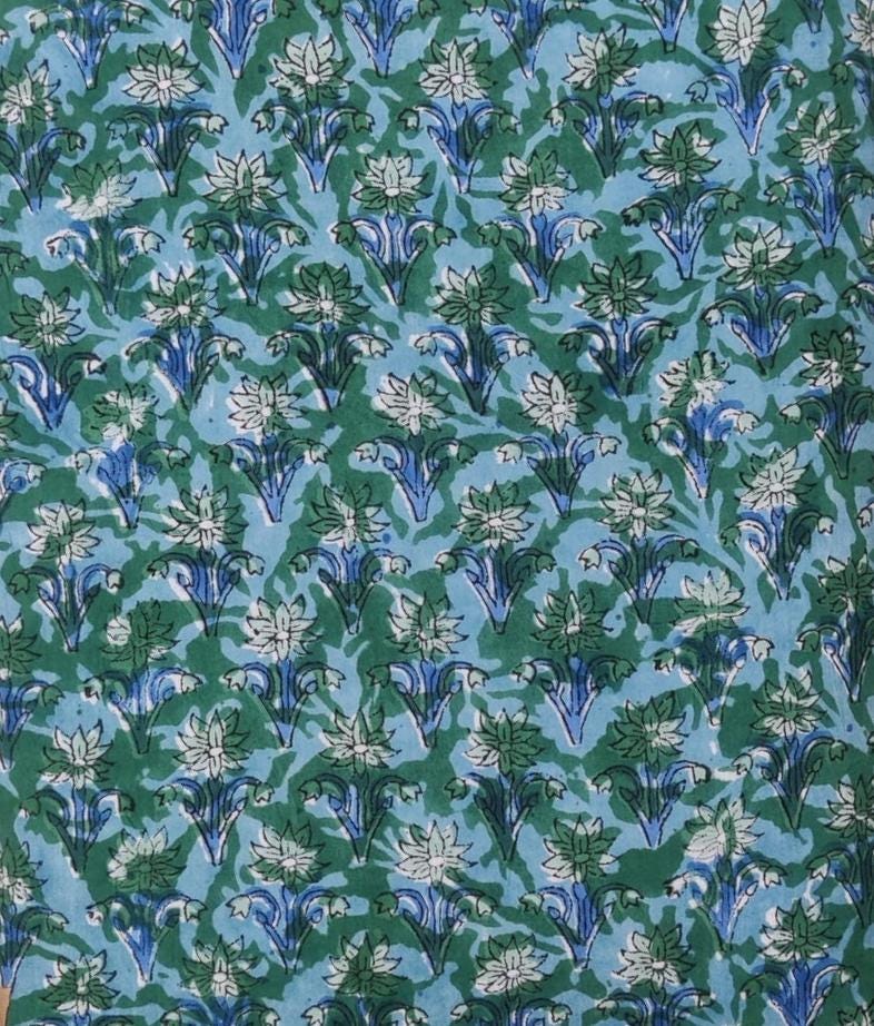 Blue Green Floral Cotton Fabric, Indian Hand Block Print Fabric, Floral 100% Cotton Fabric By The Yard, Loose Running Fabric, Textile Fabric