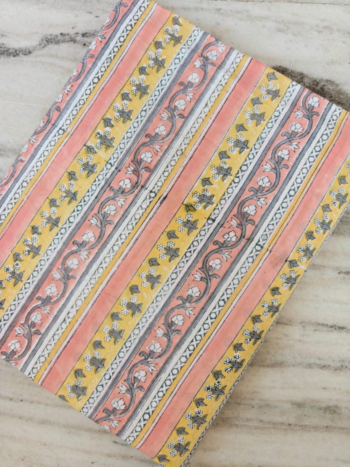 Hand Block Print Cotton Fabric, Striped Floral Indian Fabric, Yellow Peach Gray Print Soft Lightweight Cotton by Yard Sewing Quilting Fabric
