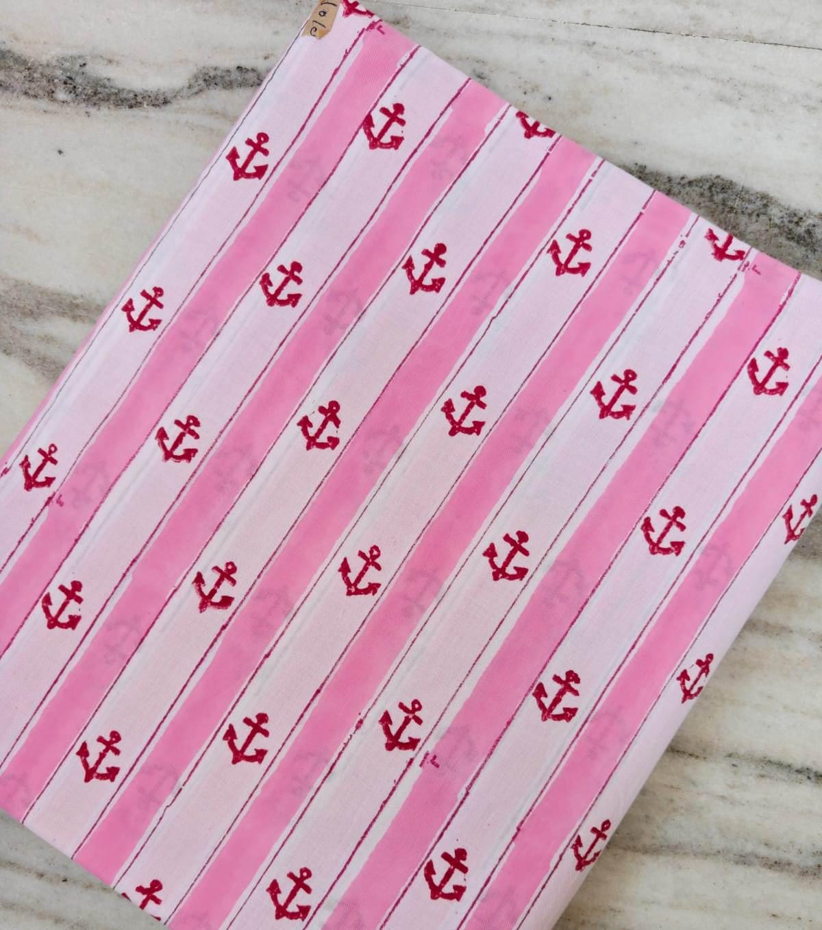 Pink Anchor Striped Cotton Fabric Nautical Marine Fabric by Yard Soft Cotton for Sewing Summer Dress Beach Theme Craft Bulk Fabric Available