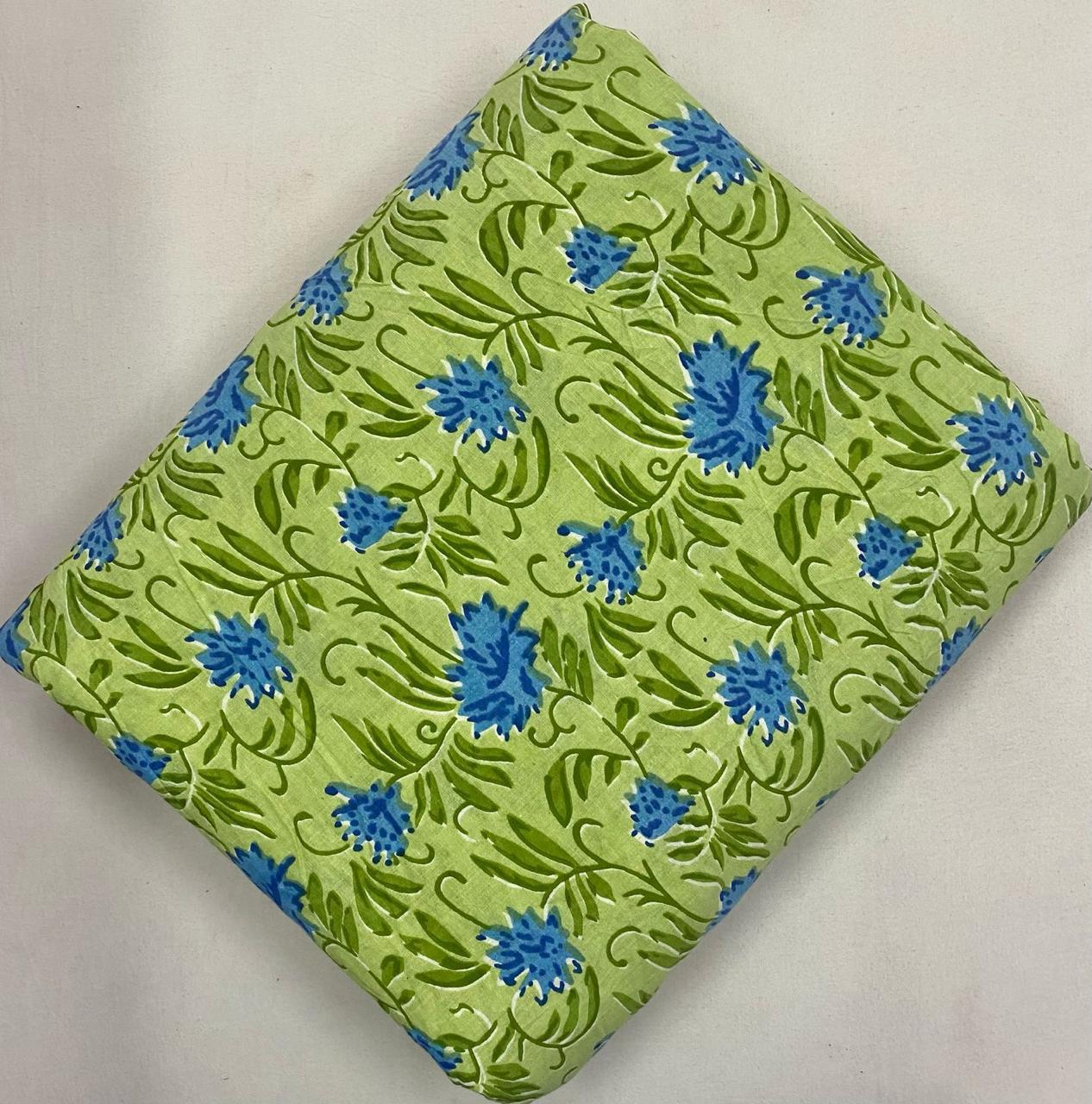 Green Indian Hand Block Print Fabric, 100% Cotton Quilting Fabric By The Yard, Fabric For Dress Making, Loose Running Fabric, Napkin Fabric
