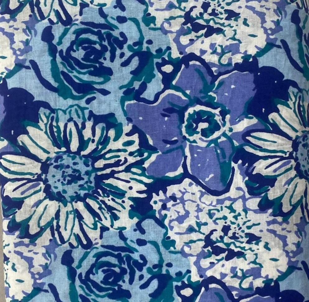 Blue Floral Cotton Fabric, Vintage Flower Print Fabric, Indian Cotton Fabric, Block Print Style Fabric Craft Fabric, Dress Upholstery Fabric