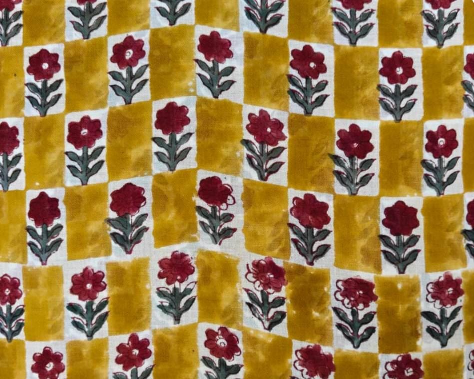 Mustard Yellow Checkered Floral Cotton Fabric, Hand Block Print Fabric, Red Flower Indian Cotton, Geometric Floral Textile, Sewing Fabric