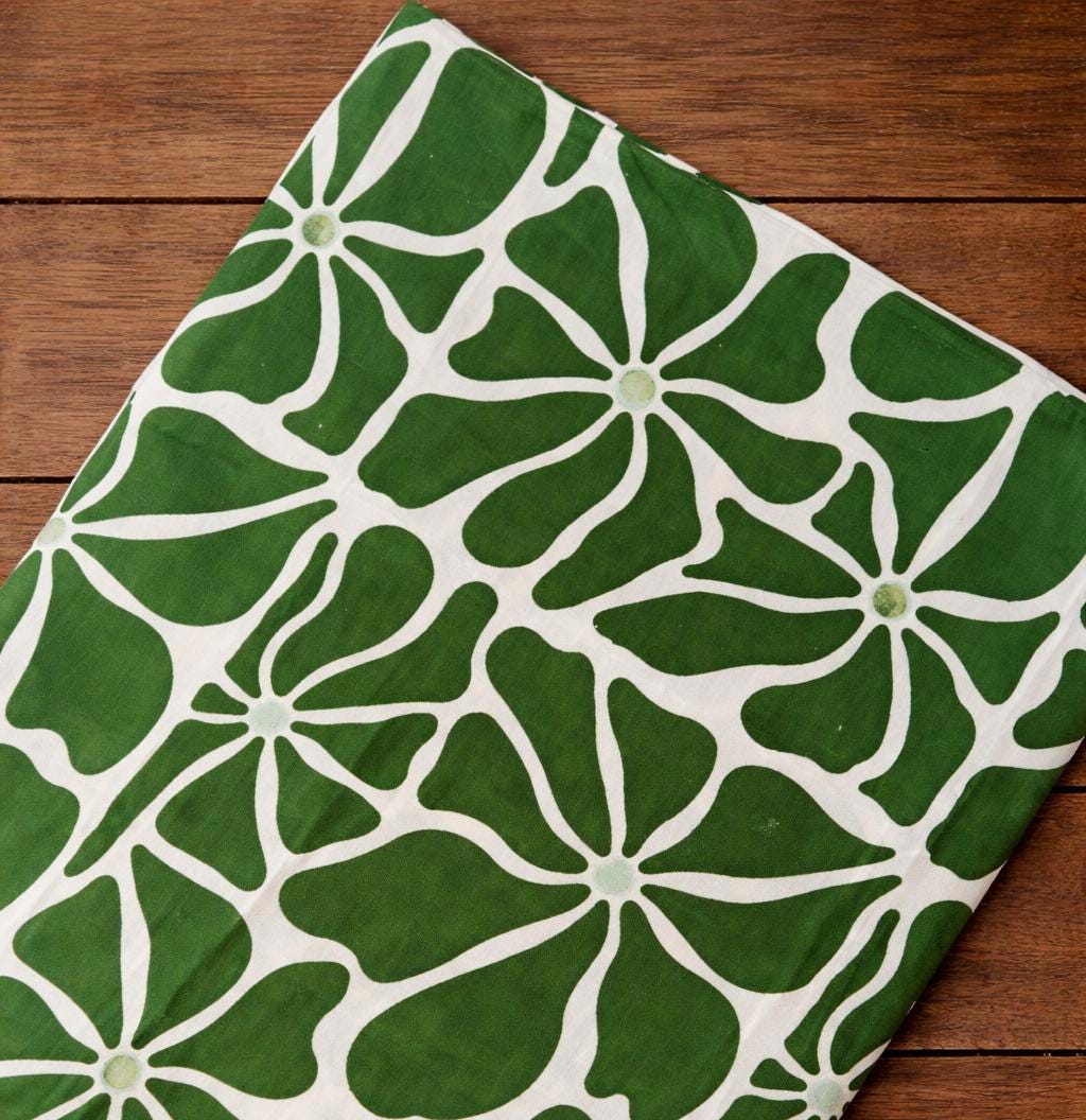Green White Floral Cotton Fabric, Hand Block Print Fabric, Indian Cotton Textile, 100% Cotton Quilting Fabric By The Yard, Running Fabric