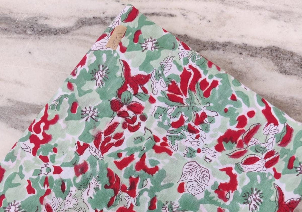 Hand Block Print Cotton Fabric: Red Green Floral Indian Sewing Material