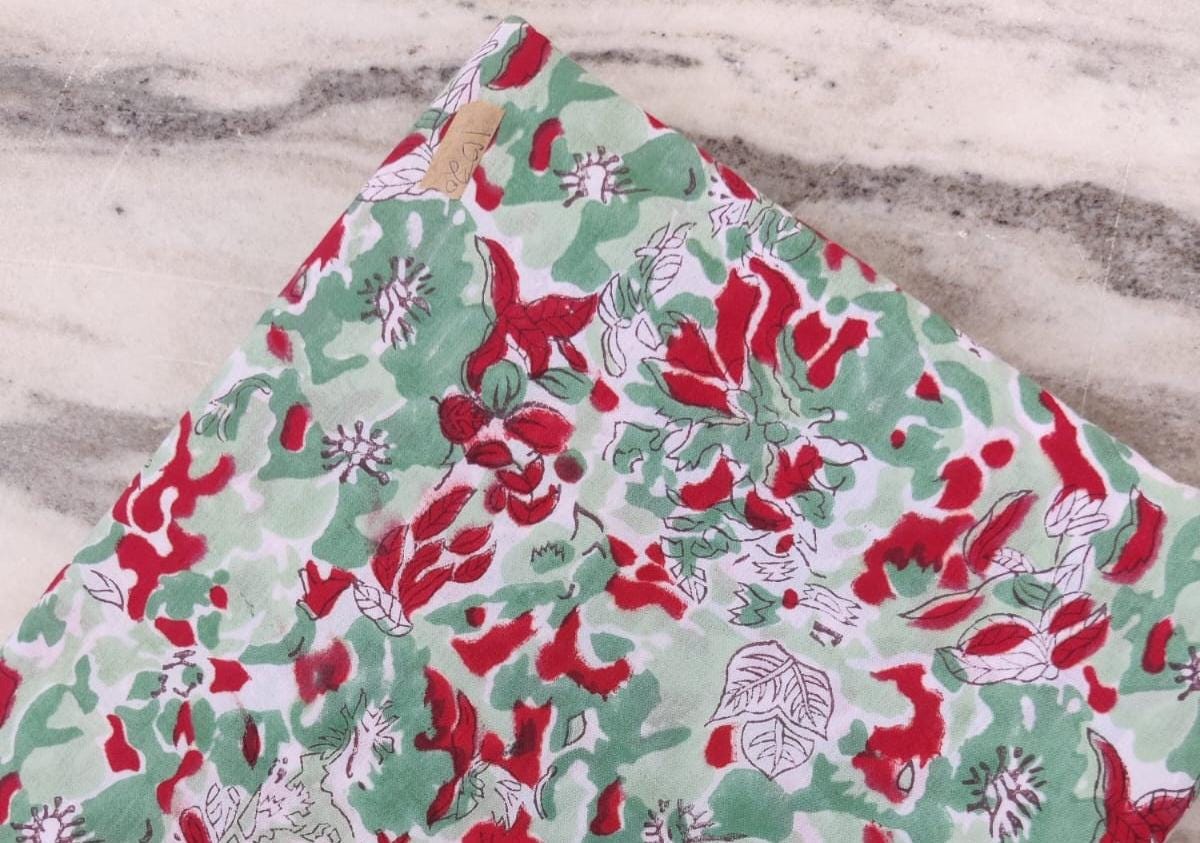 Hand Block Print Cotton Fabric: Red Green Floral Indian Sewing Material