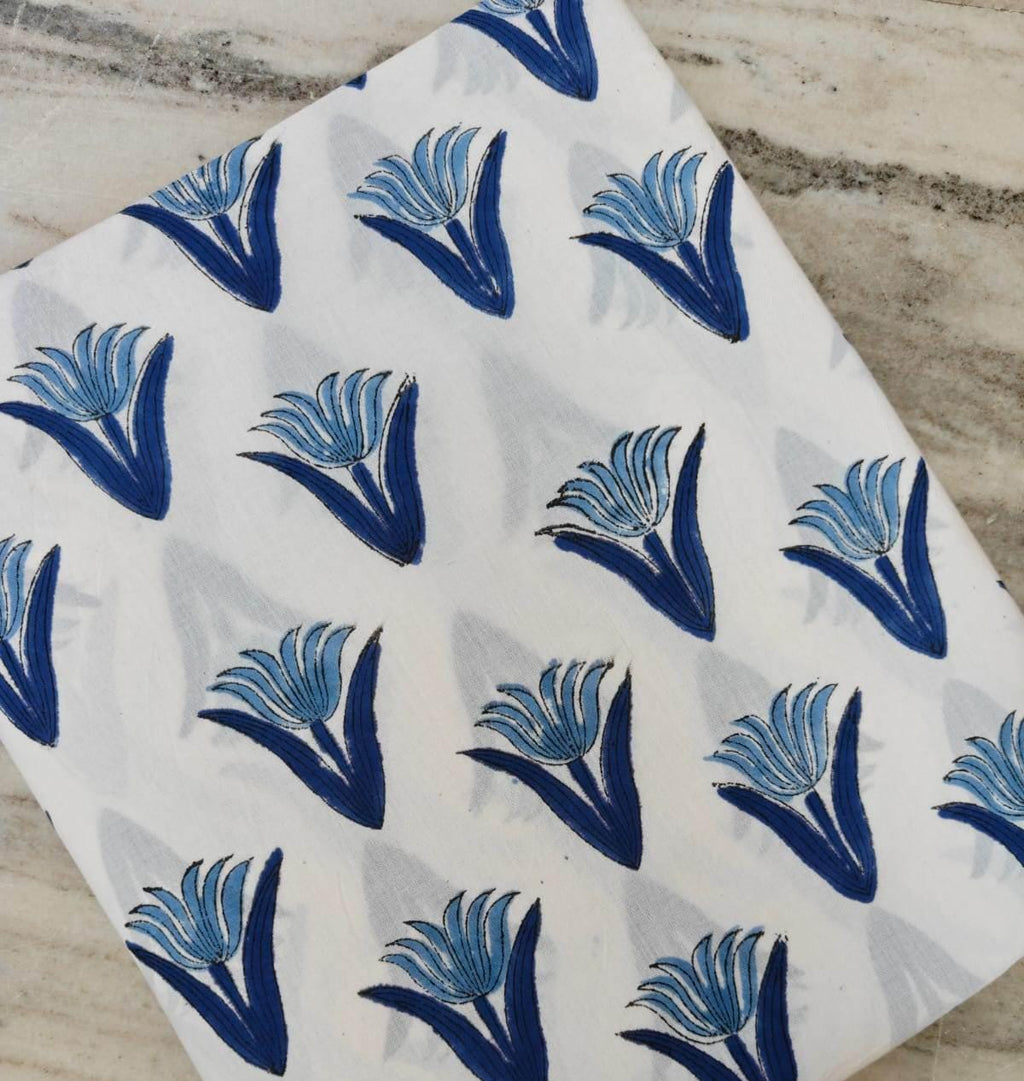 Blue Floral Cotton Fabric, Indian Block Print Fabric, Blue White Flower Print Cotton, Hand Block Floral Fabric, Sewing Dress Making Fabric