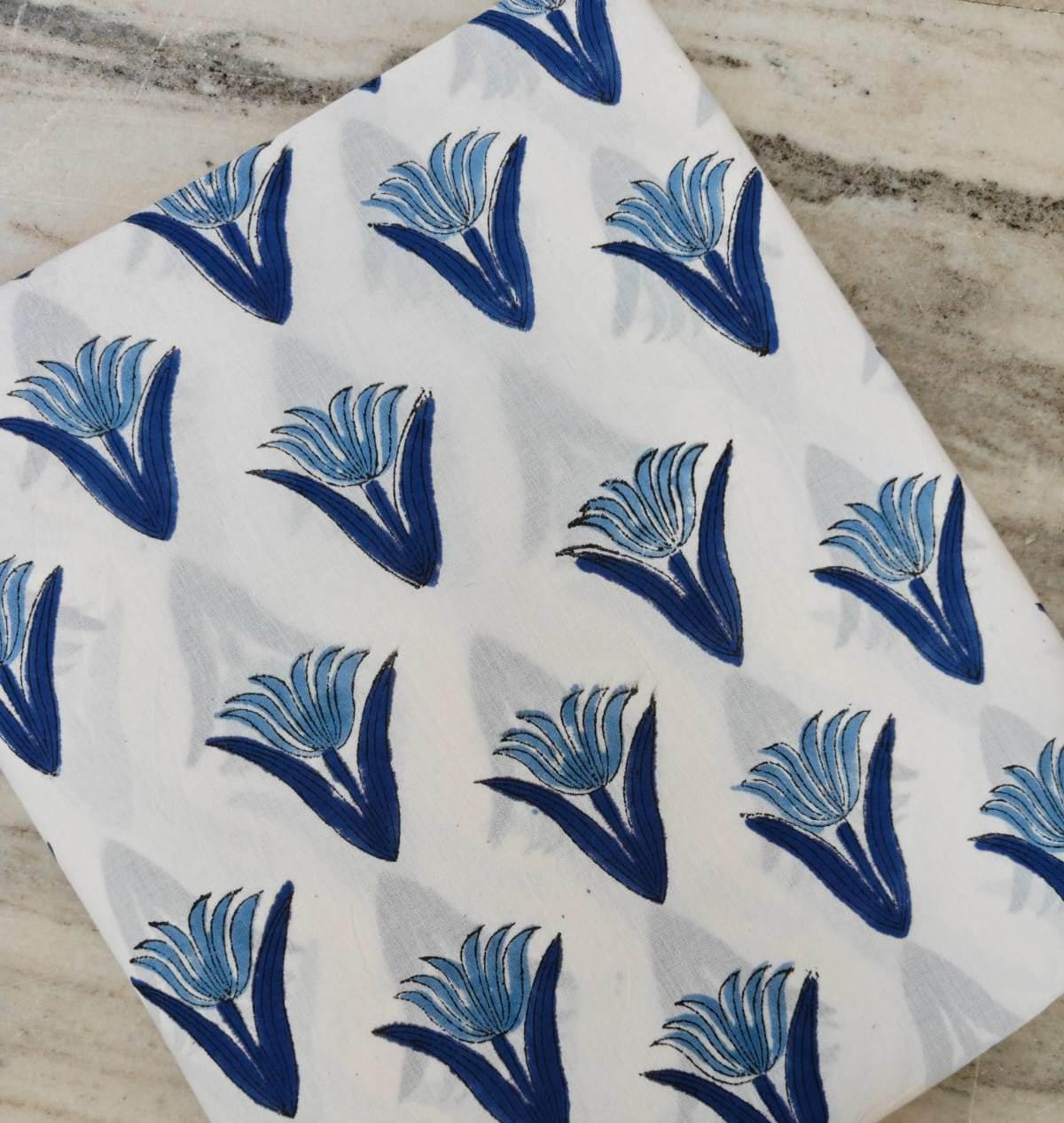Blue Floral Cotton Fabric, Indian Block Print Fabric, Blue White Flower Print Cotton, Hand Block Floral Fabric, Sewing Dress Making Fabric