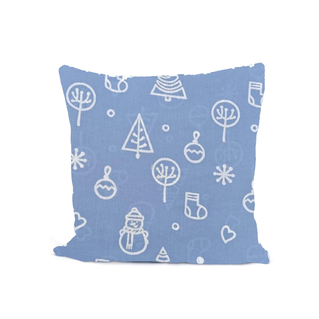 Christmas Cotton Cushion Cover, Blue Holiday Pillow Cover with Snowman & Tree Print,  16x16 Xmas Throw Pillow, Cozy Christmas Home Accent