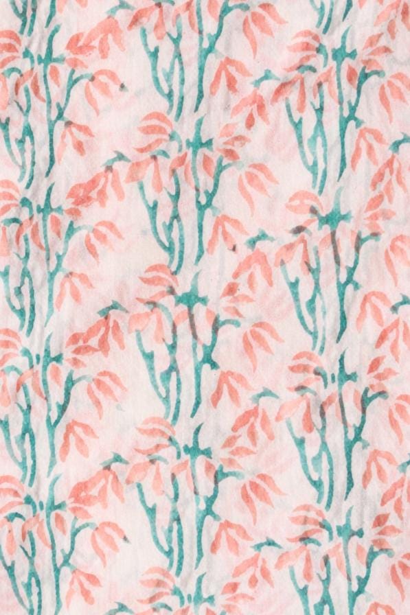 Colourful Hand Block Print Cotton Fabric, Coral Peach & Teal Floral Indian Cotton, Soft Printed Fabric by Yard for Sewing Quilting Textile