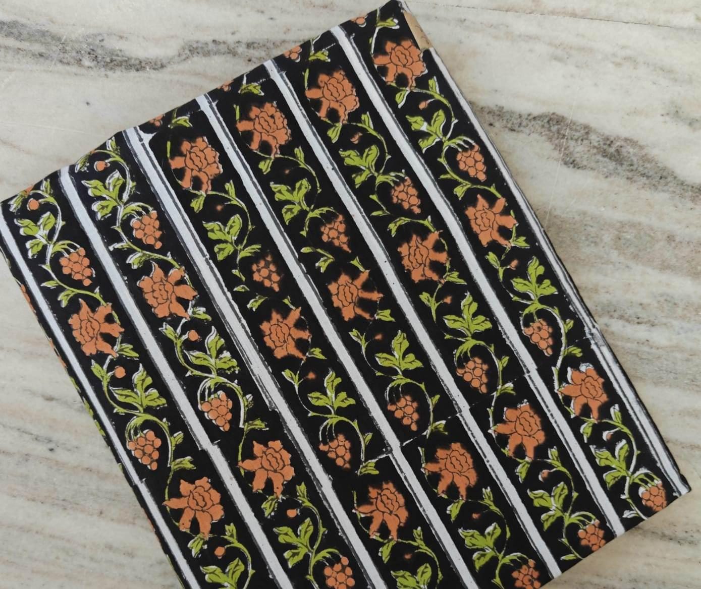 Black Floral Stripe Cotton Fabric – Orange & Green Block Print Fabric by the Yard – Indian Handmade Sewing Textile For Dress Making, Napkins