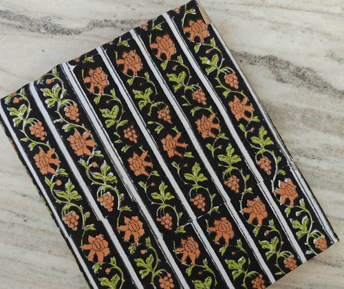Black Floral Stripe Cotton Fabric – Orange & Green Block Print Fabric by the Yard – Indian Handmade Sewing Textile For Dress Making, Napkins