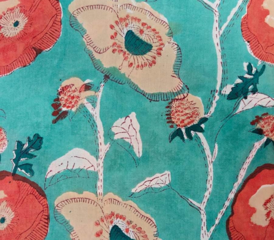 New Arrival Fabric Turquoise Floral Cotton Fabric by the Yard, Large Poppy Print Cotton, Teal Coral Flower Fabric, Loose Running Fabric
