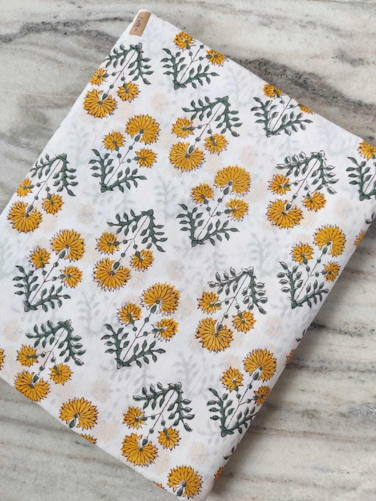 White Cotton Fabric with Yellow Floral Print, Hand Block Print Fabric by the Yard, Soft Indian Cotton for Quilting, Sewing, Dressmaking