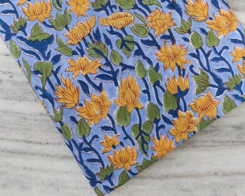 Blue Floral Cotton Fabric by Yard | Yellow Lotus Hand Block Print | Indian Soft Cotton for Quilting, Dressmaking, Sewing Crafts