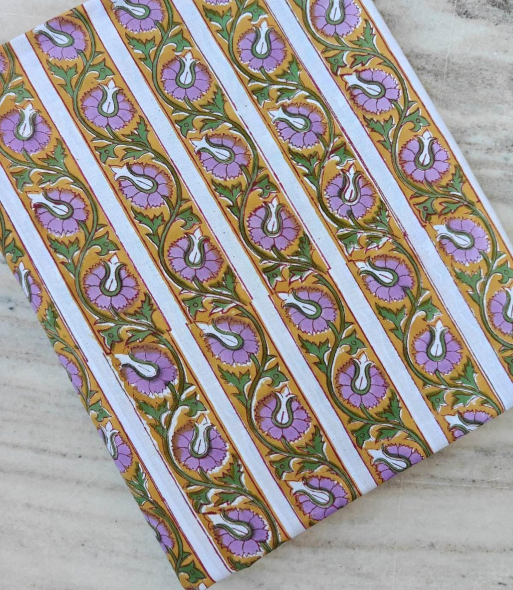 Mustard Yellow Floral Cotton Fabric by Yard, Paisley Stripe Block Print, Indian Handmade Fabric, Bohemian Craft Textile Loose Running Fabric