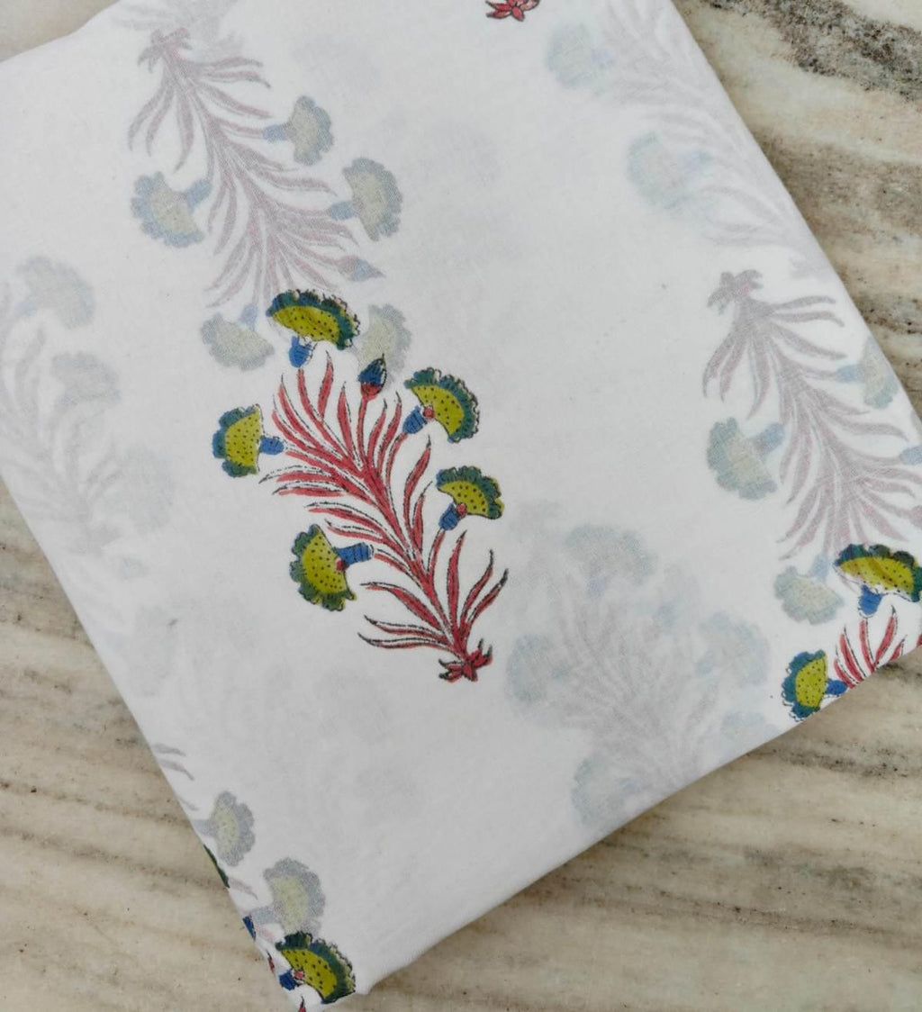 Hand Block Print Cotton Fabric, White Floral Indian Fabric, Soft Lightweight Cotton, Boho Dressmaking Fabric, Quilting Craft Textile Napkins