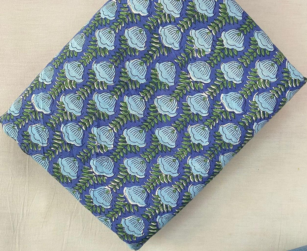 Blue Floral Cotton Fabric by Yard, Indian Block Print Buti Fabric, Hand Printed Cotton Material, Boho Dressmaking Quilting Craft Fabric