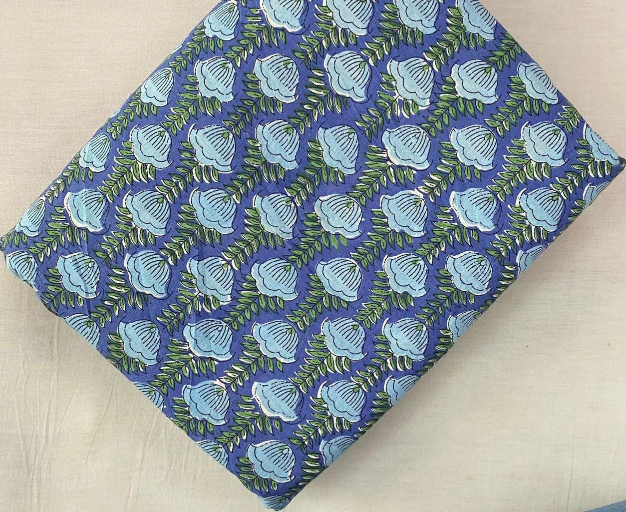 Blue Floral Cotton Fabric by Yard, Indian Block Print Buti Fabric, Hand Printed Cotton Material, Boho Dressmaking Quilting Craft Fabric