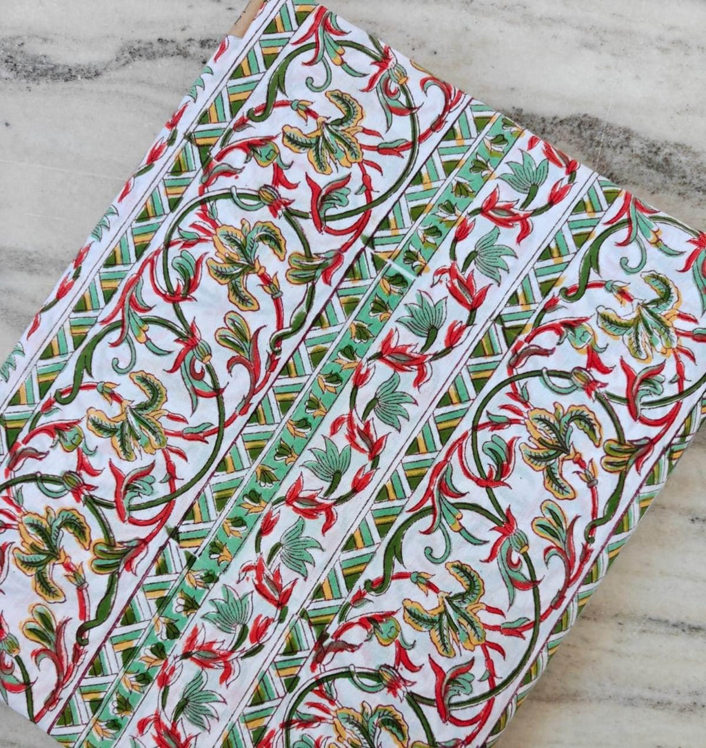 Indian Hand Block Print Cotton Fabric, Red Green Floral Vine Border Print, Jaipur Cotton Textile, Cotton Craft Fabric, Dressmaking Fabric
