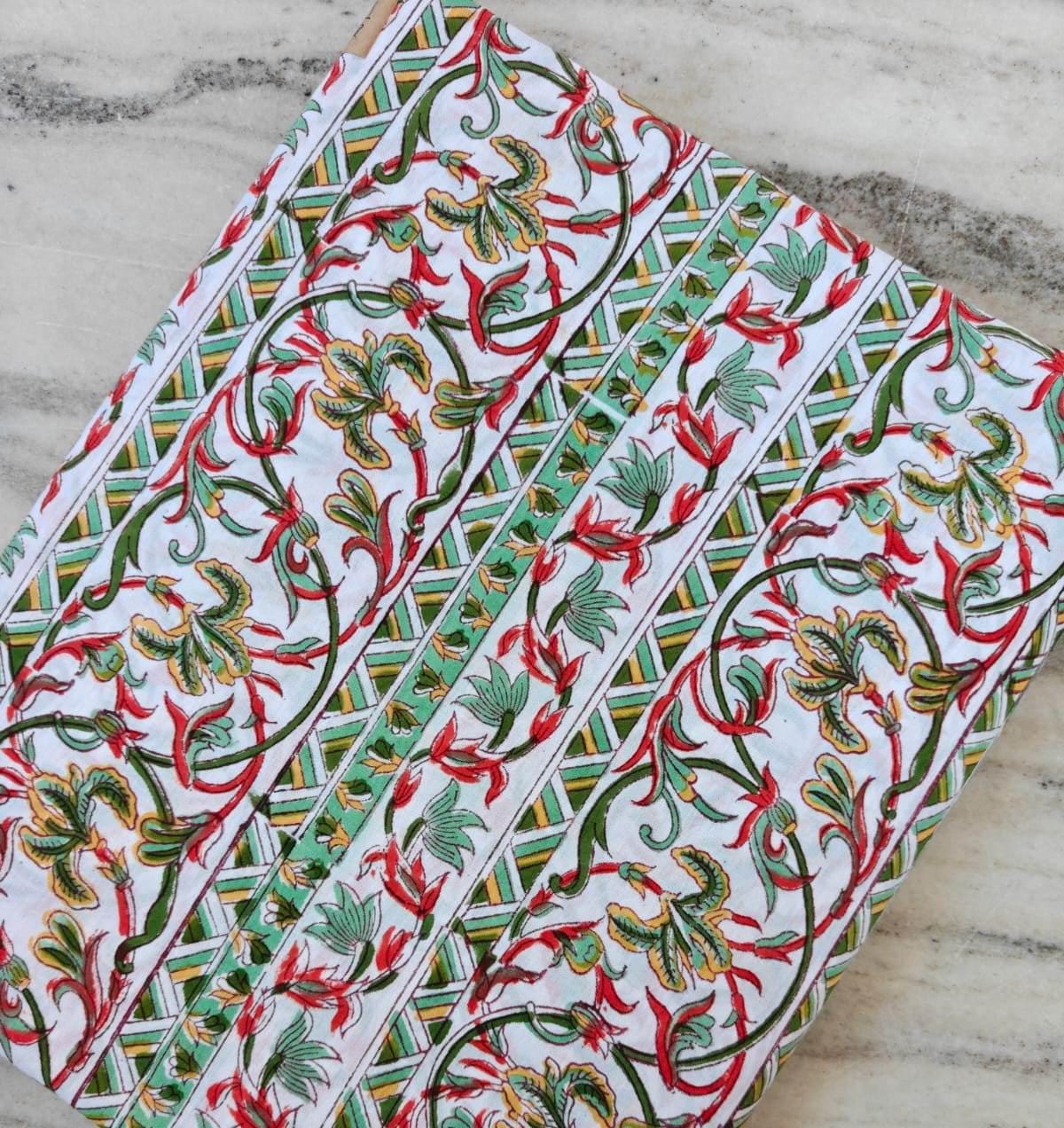 Indian Hand Block Print Cotton Fabric, Red Green Floral Vine Border Print, Jaipur Cotton Textile, Cotton Craft Fabric, Dressmaking Fabric