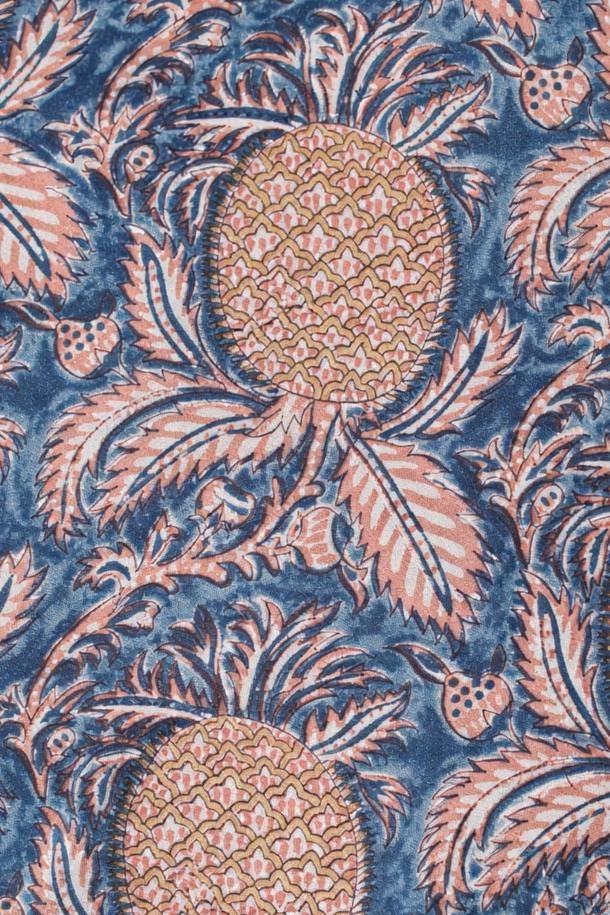 Pineapple Block Print Cotton Fabric | Blue Handmade Indian Cotton Cloth | Floral Botanical Sewing Quilting Dress Material | Running Fabric