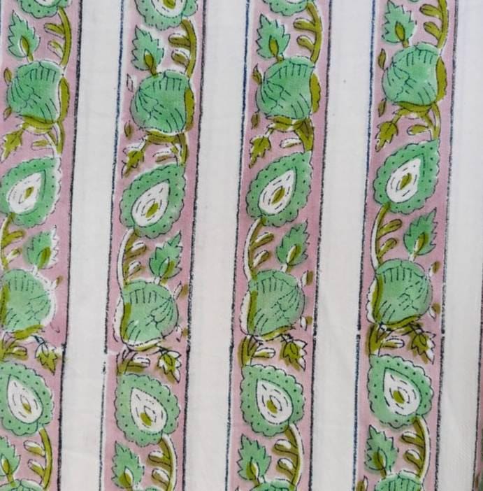 Green Pink Floral Stripe Cotton Fabric | Indian Hand Block Print Fabric | Soft Cotton by Yard | Summer Dress Fabric | Quilting Craft Fabric