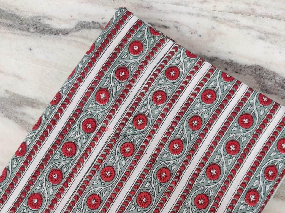Red Green Striped Cotton Fabric, Hand Block Print Floral Fabric by the Yard, Quilting & Dressmaking Fabric, Christmas Home Decor Fabric