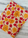 Mustard Yellow Red Floral Block Print Cotton Fabric, Retro Design Yellow Paisley Indian Hand Block Fabric by the Yard Soft Upholstery Fabric