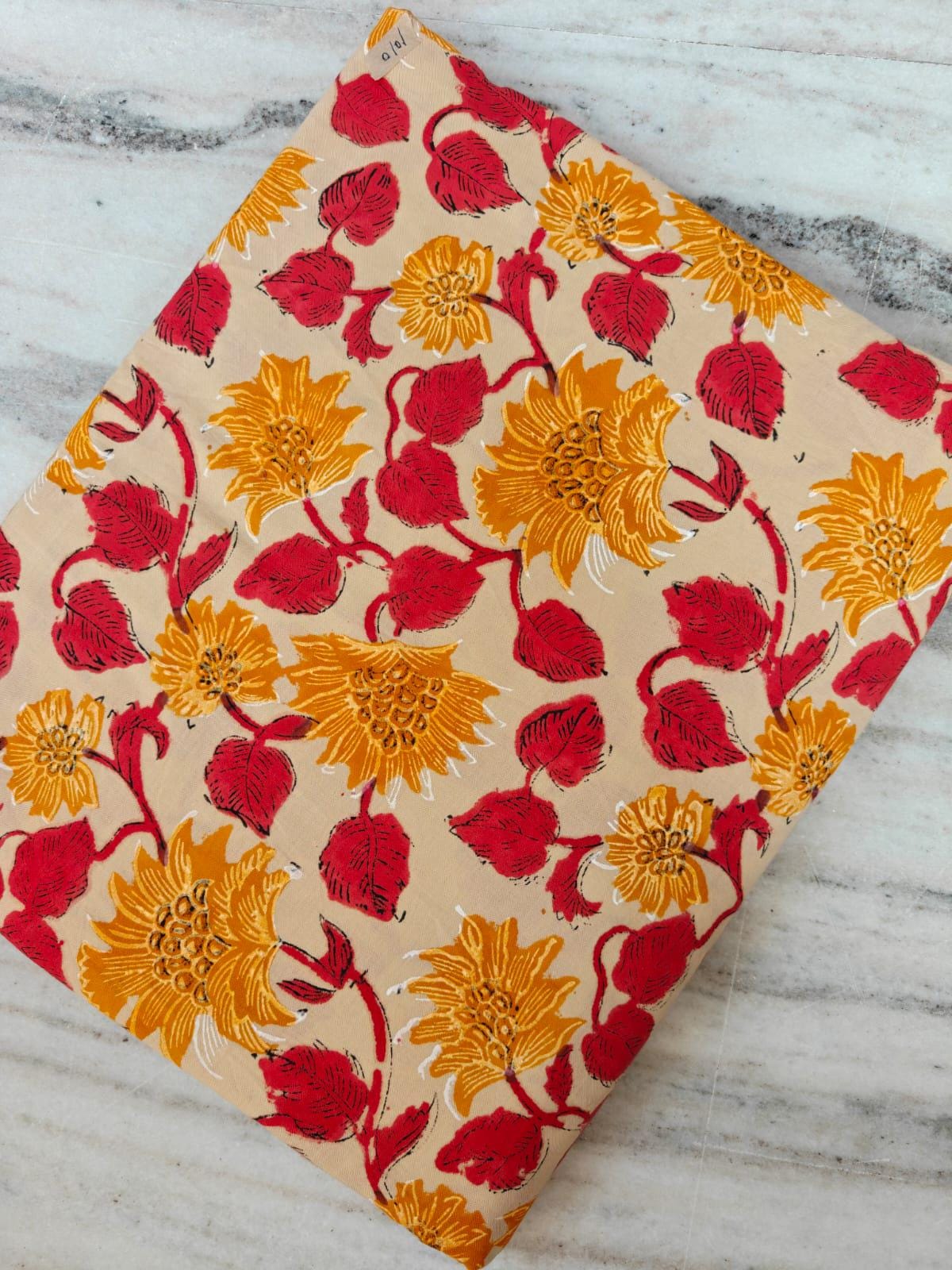 Mustard Yellow Red Floral Block Print Cotton Fabric, Retro Design Yellow Paisley Indian Hand Block Fabric by the Yard Soft Upholstery Fabric