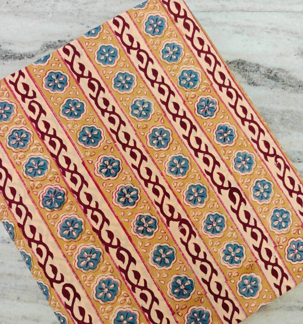 Yellow Floral Stripe Cotton Fabric, Indian Block Print Fabric by the Yard, Blue Red Flower Print, Vintage Buti Quilting Sewing Fabric