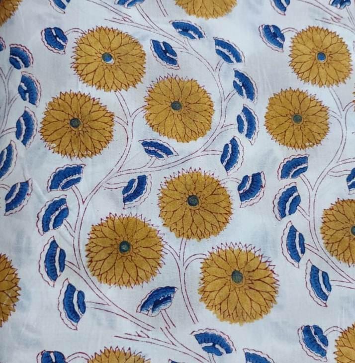 Hand Block Print Cotton Fabric: Floral Sewing Material By The Yard