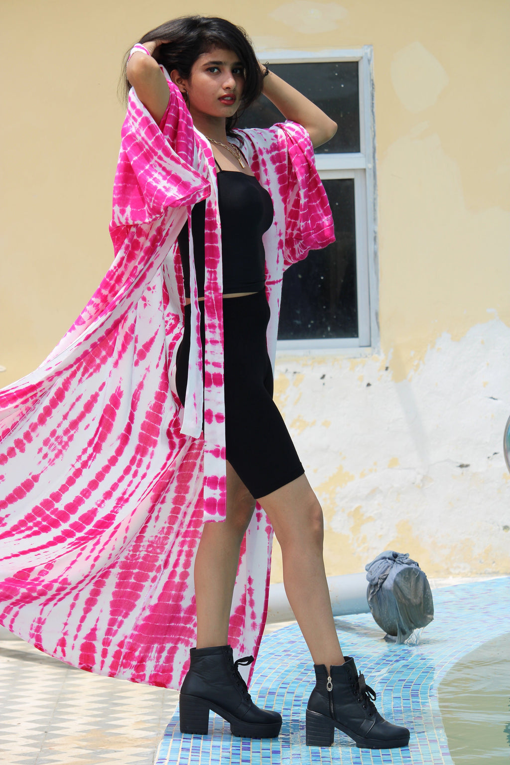 Pink Tie Dye Rayon Kimono Robe - Long Sleeve Duster