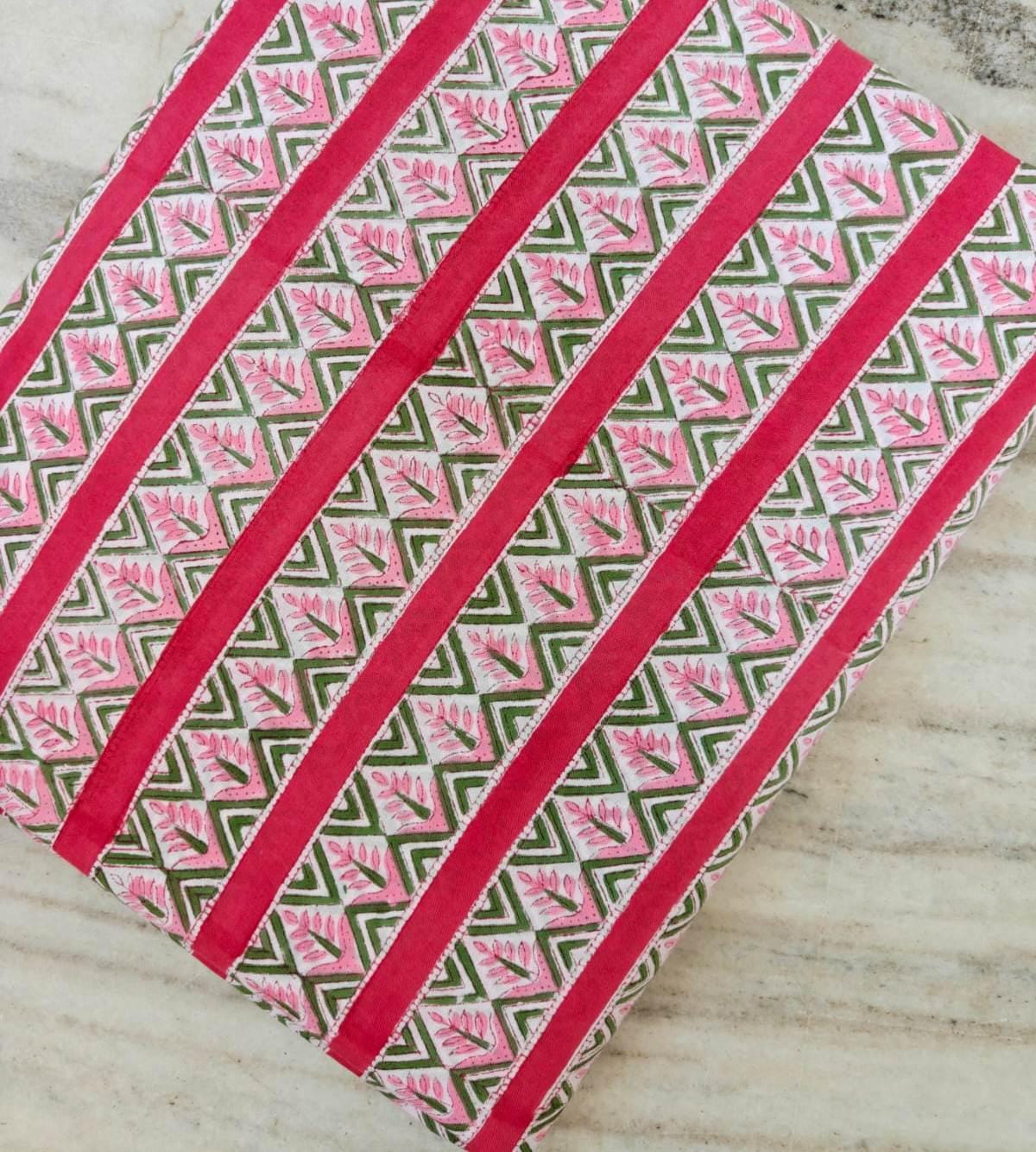 Pink Green Stripe Cotton Fabric, Hand Block Print Fabric, Indian Floral Geometric Textile, Quilting Fabric, Dressmaking Fabric, Craft Fabric