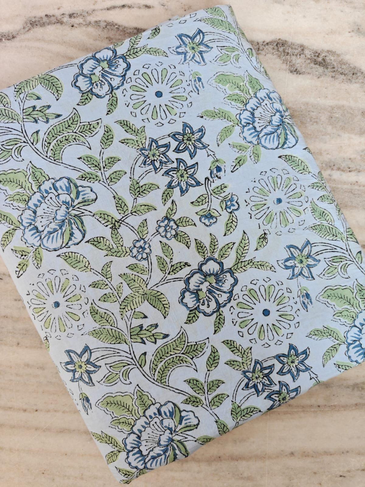 Light Blue Indian Hand Block Print Fabric, Floral 100% Cotton Quilting Fabric By The Yard, Fabric For Dress Making, Loose Running Fabric