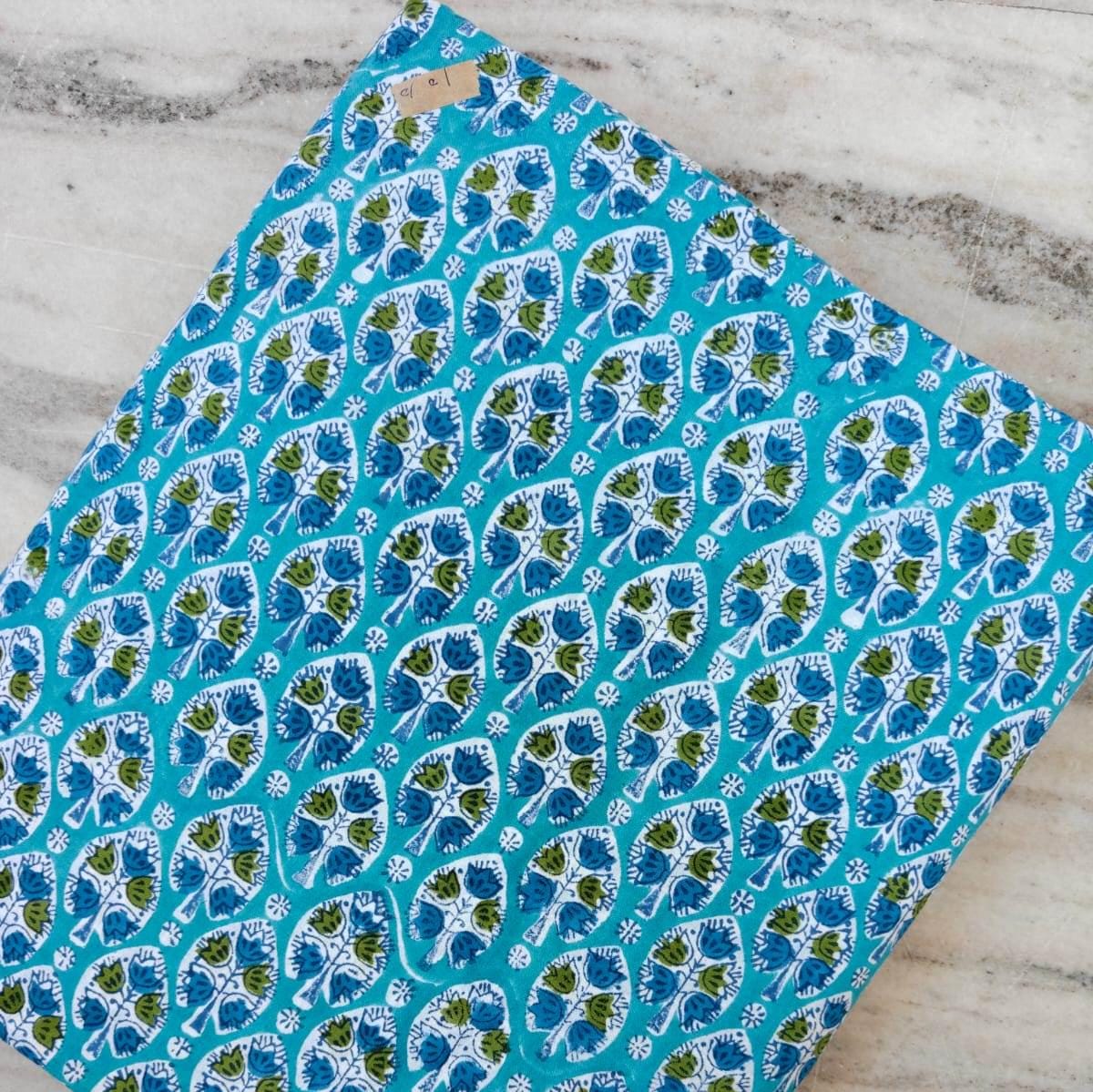 Turquoise Floral Cotton Fabric by Yard, Block Print Cotton Fabric, Indian Floral Fabric, Quilting Fabric, Craft Fabric, Dressmaking Cotton