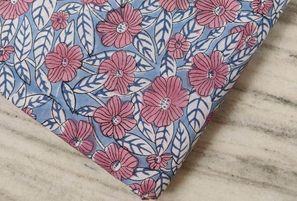 Blue Pink Floral Cotton Fabric by the Yard, Soft Lightweight Quilting Fabric, Printed Dressmaking Cloth for Sewing, Handmade Textile