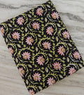 Black Floral Cotton Fabric by the Yard, Pink Lotus Vine Print, Indian Block Print Fabric, Botanical Quilting Fabric, Dressmaking, Napkins